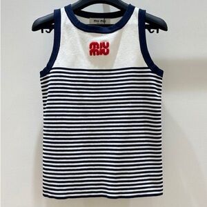 Miu Miu Navy and White Striped Tank Top with Red Logo